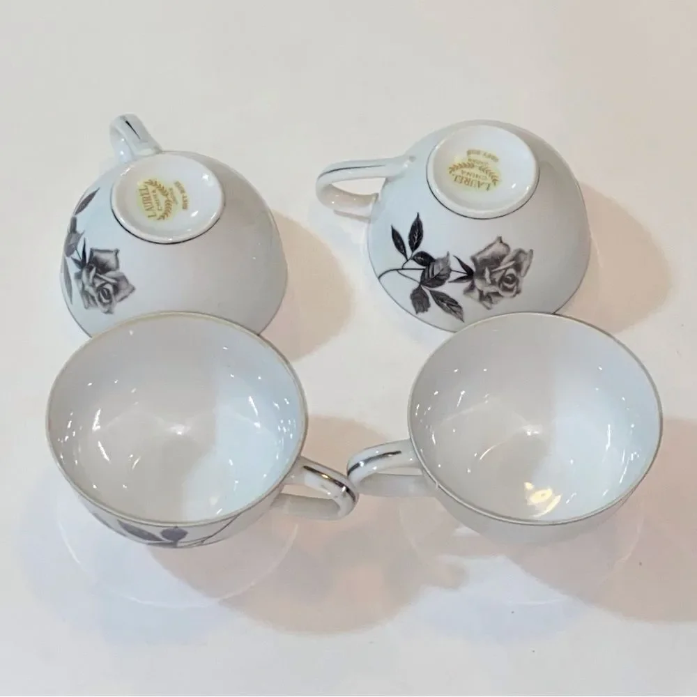 Laurel China & Japan Grey  Rose Chic White Teacups with Black Floral Design Set4